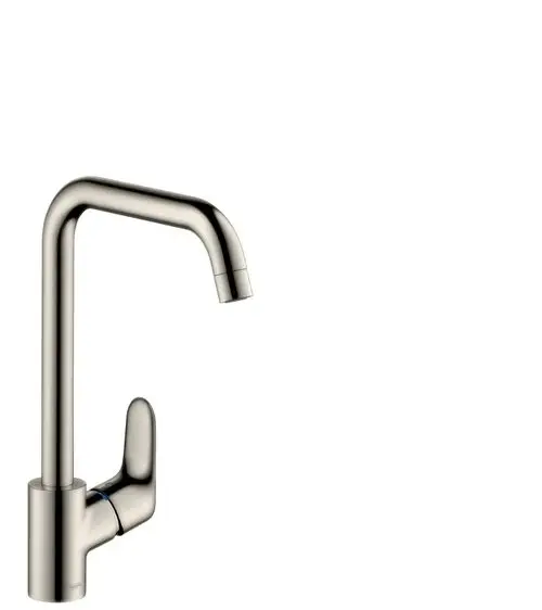 Ein moderner, hochglänzender Edelstahlwasserhahn mit einem geraden Auslauf und einem seitlichen Hebel zum Regulieren des Wasserflusses.